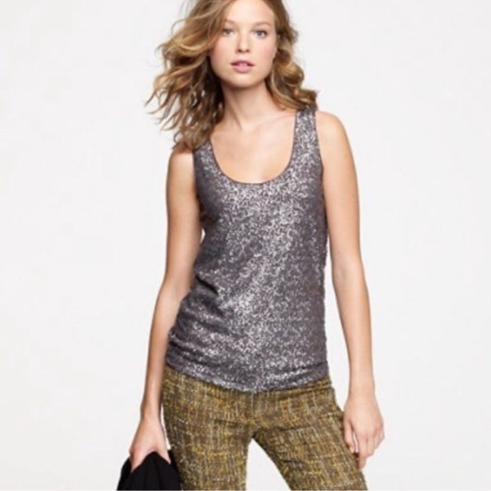 ANN TAYLOR LOFT Variegated Wavy Sequin Stripe Smoke Knit Tank S Small EUC $40 KL